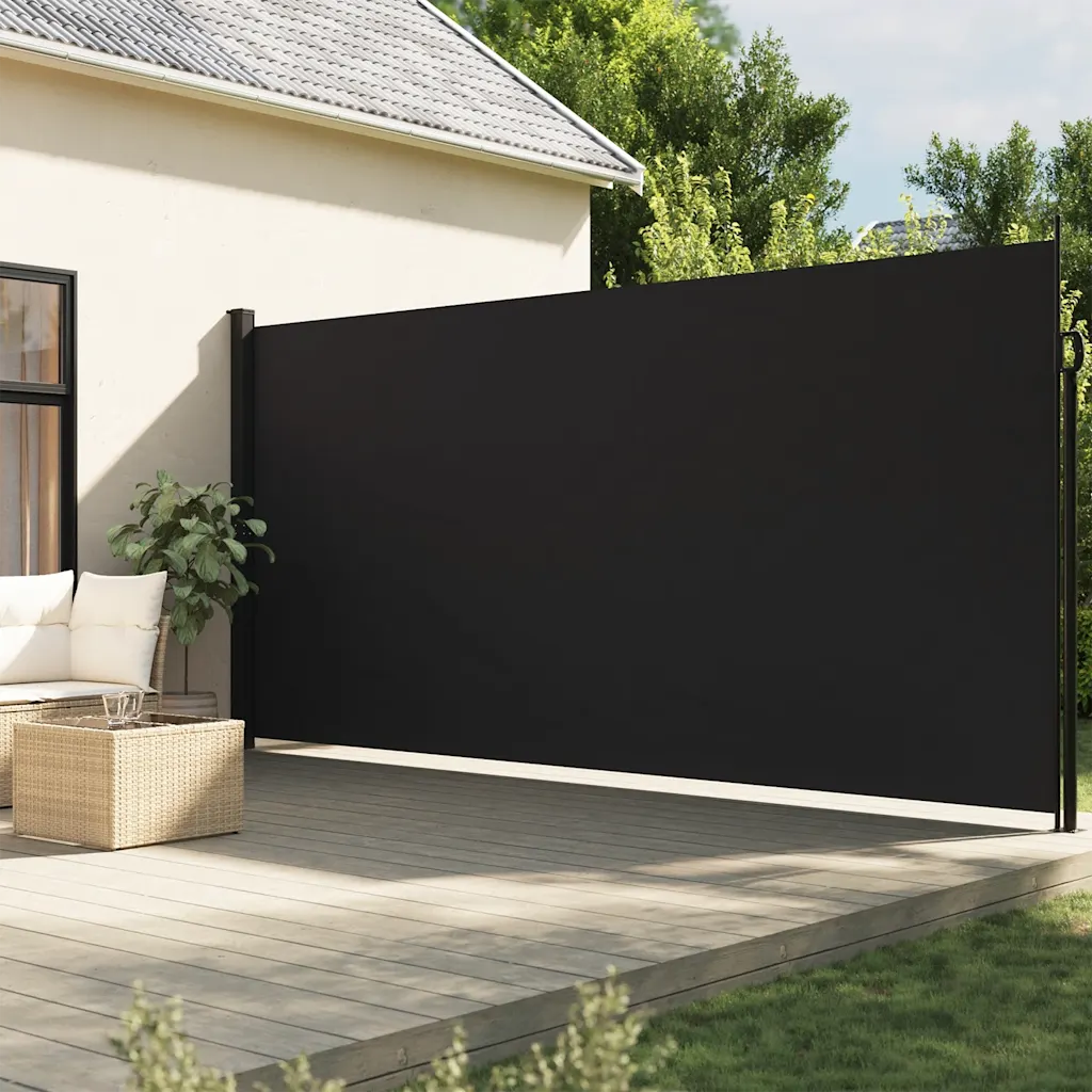 Lahtitõmmatav terrassi privaatsussein, must, 220 x 500 cm, PU-kattega polüester, teras- ja alumiiniumraam