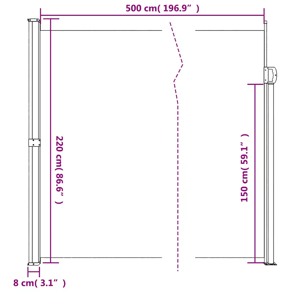 Lahtitõmmatav terrassi privaatsussein, must, 220 x 500 cm, PU-kattega polüester, teras- ja alumiiniumraam