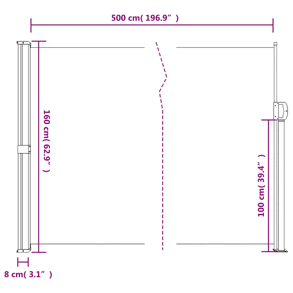 Lahtitõmmatav terrassi privaatsussein, tumeroheline, 160 x 500 cm, PU-kattega polüester, teras- ja alumiiniumraam