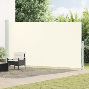 Lahtitõmmatav terrassi külgsirm privaatsuse ja tuulekaitseks, kreemjas kangas ja hall raam, 200 x 0–500 cm