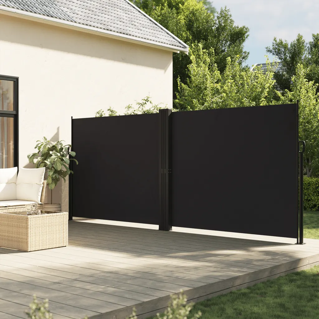 Lahtitõmmatav terrassi privaatsussein, must, 180 x 1000 cm, PU-kattega polüester, terasest ja alumiiniumist raam