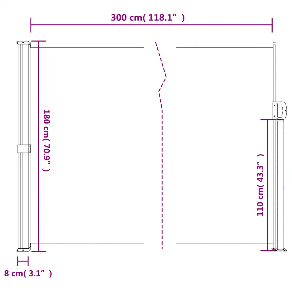 Lahtitõmmatav terrassi privaatsussein, pruun, 180 x 300 cm, PU-kattega polüester, teras- ja alumiiniumraam