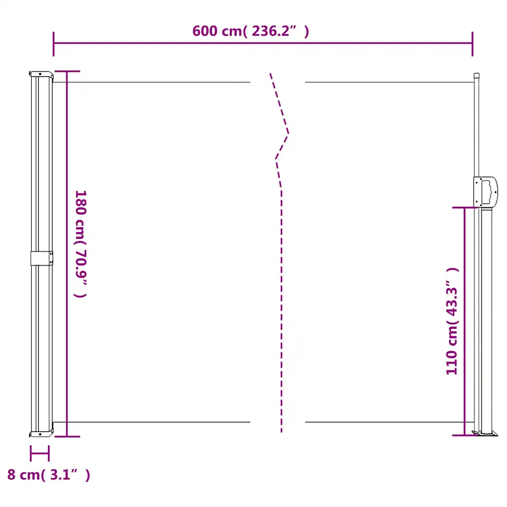 Lahtitõmmatav terrassi privaatsussein, must, 180 x 600 cm