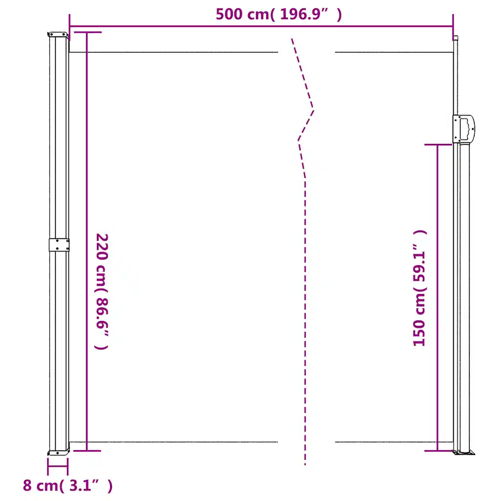 Lahtitõmmatav terrassi privaatsussein, tumeroheline, vee- ja UV-kindel, 220 x 500 cm