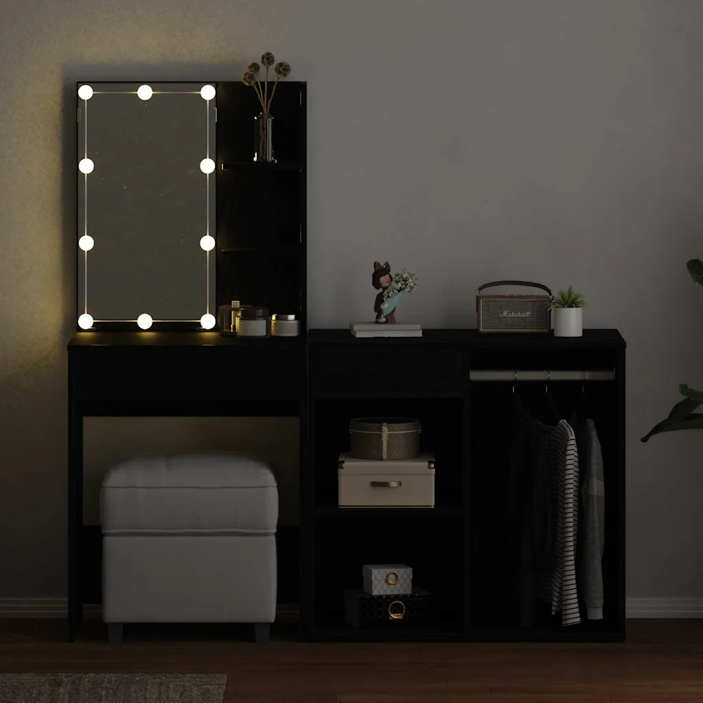 LED meigilaua ja kosmeetikakapi komplekt, must tamm, tehispuit, 140 x 40 x 140 cm
