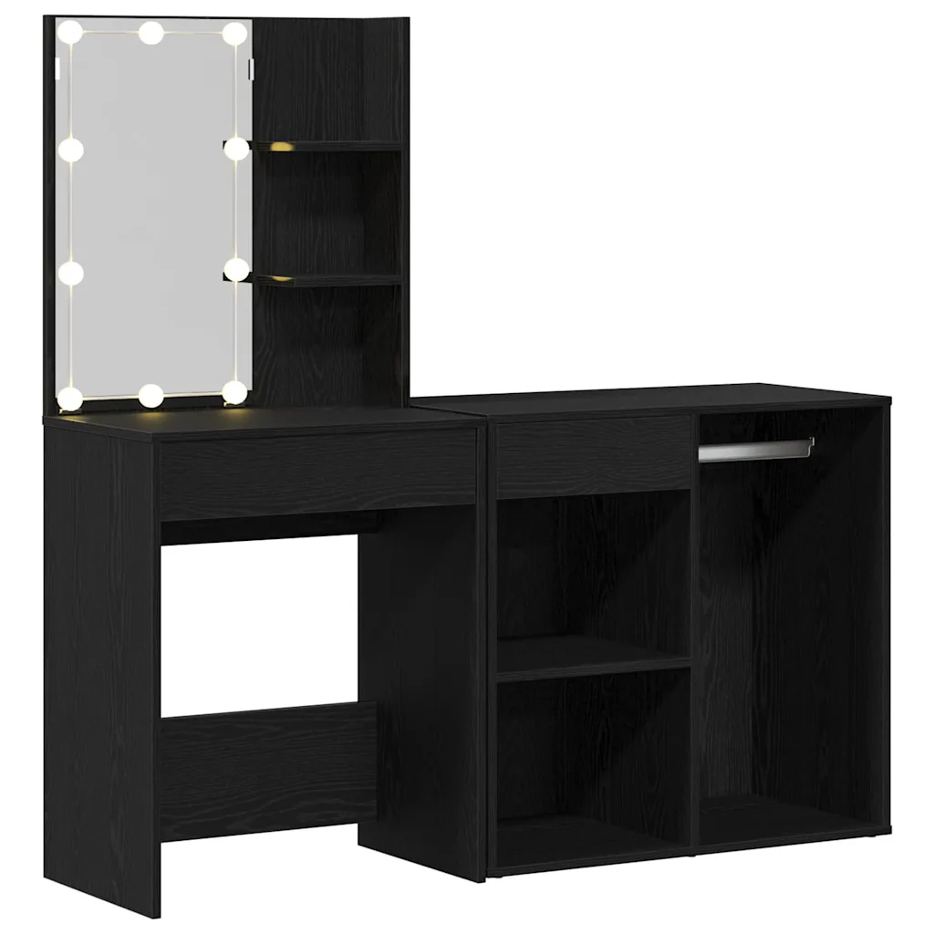 LED meigilaua ja kosmeetikakapi komplekt, must tamm, tehispuit, 140 x 40 x 140 cm