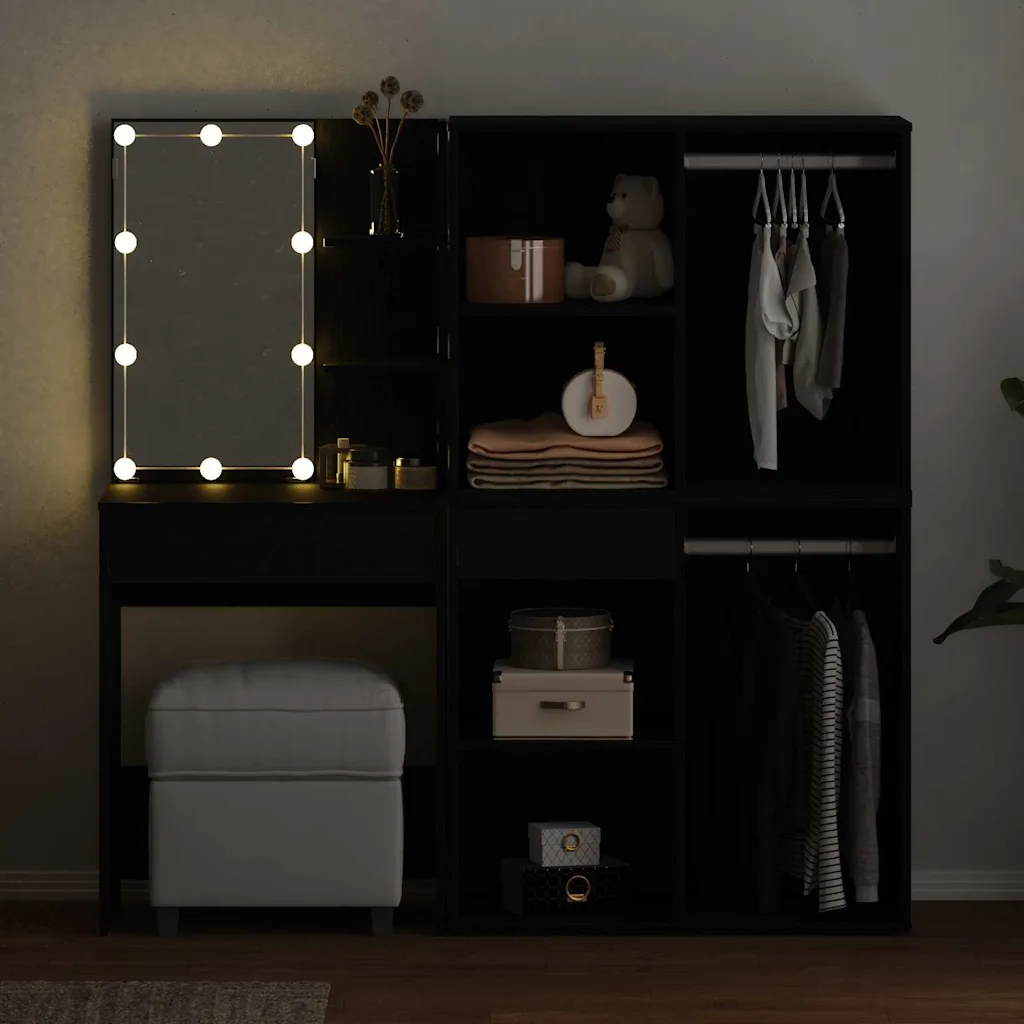 LED meigilaua ja riidekapiga kosmeetikakomplekt, must tamm, tehispuit, 140 x 40 x 140 cm