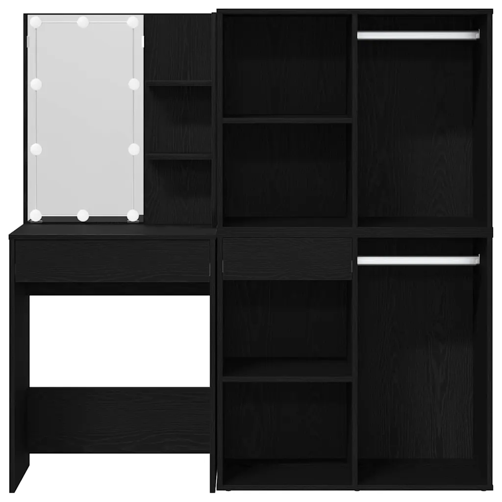 LED meigilaua ja riidekapiga kosmeetikakomplekt, must tamm, tehispuit, 140 x 40 x 140 cm