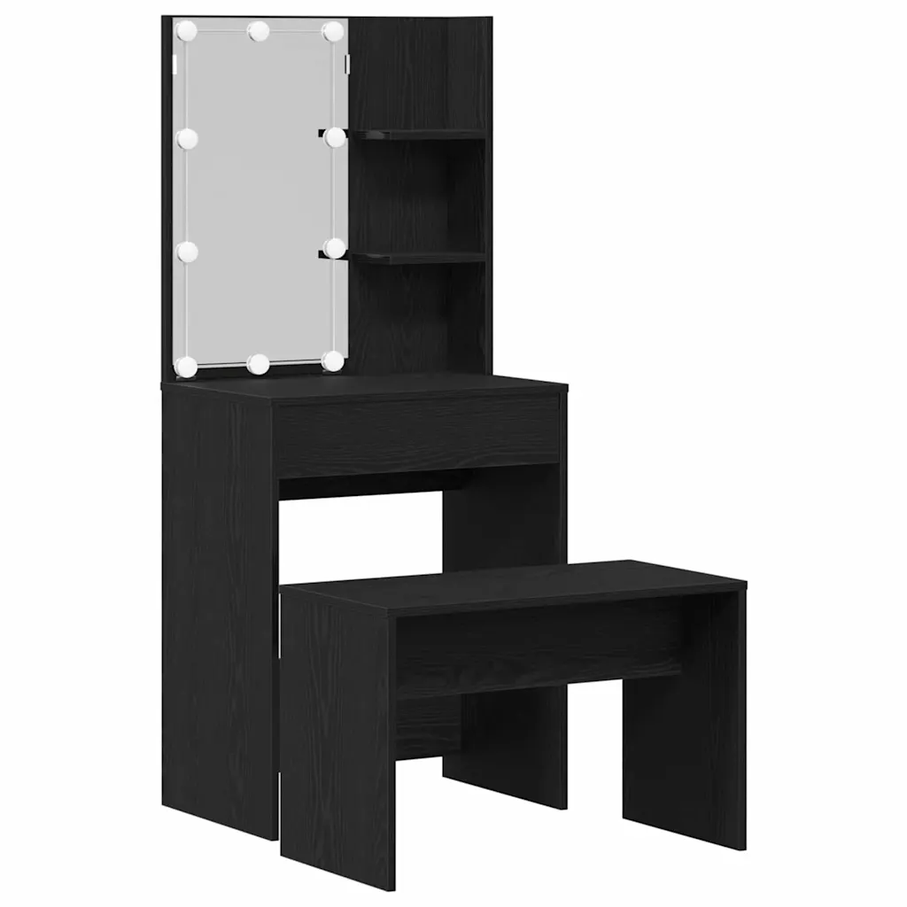 LED-meigilaua ja pingiga komplekt, must tamm, tehispuit, 60 x 40 x 140 cm