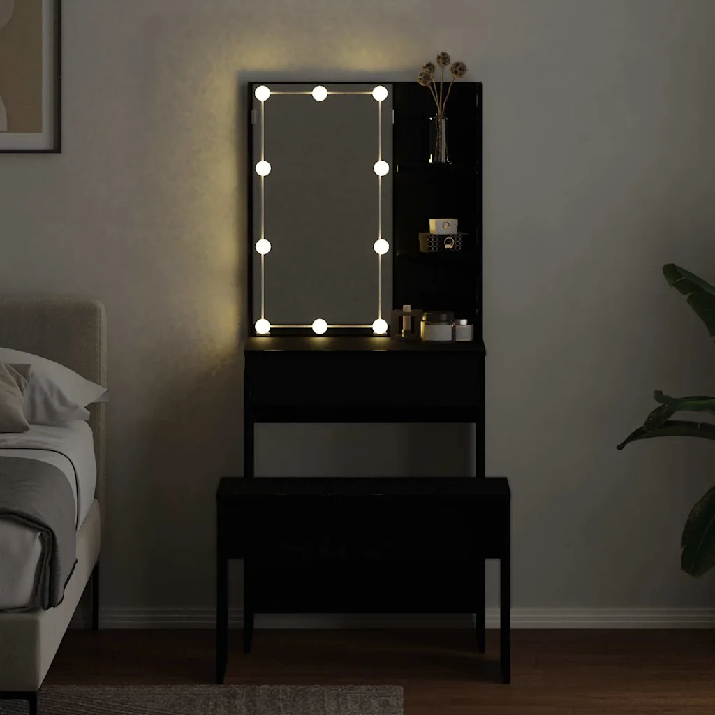 LED-meigilaua ja pingiga komplekt, must tamm, tehispuit, 60 x 40 x 140 cm