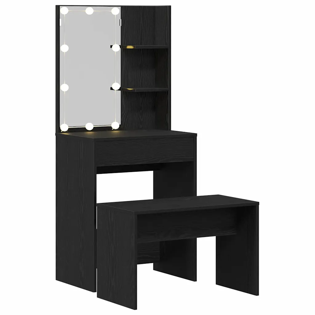 LED-meigilaua ja pingiga komplekt, must tamm, tehispuit, 60 x 40 x 140 cm