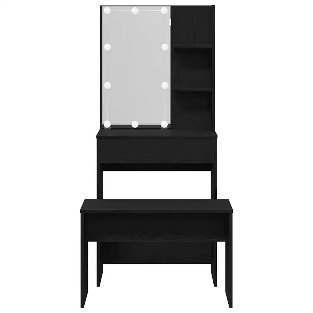 LED-meigilaua ja pingiga komplekt, must tamm, tehispuit, 60 x 40 x 140 cm