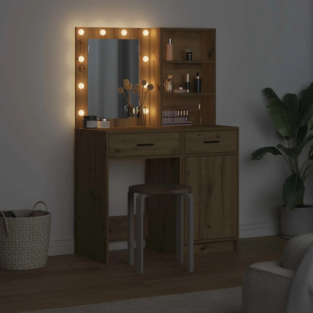 LED-peegliga kosmeetikalaud ja riidepeegel, 2-osaline komplekt, käsitööpuu toonis tehispuit