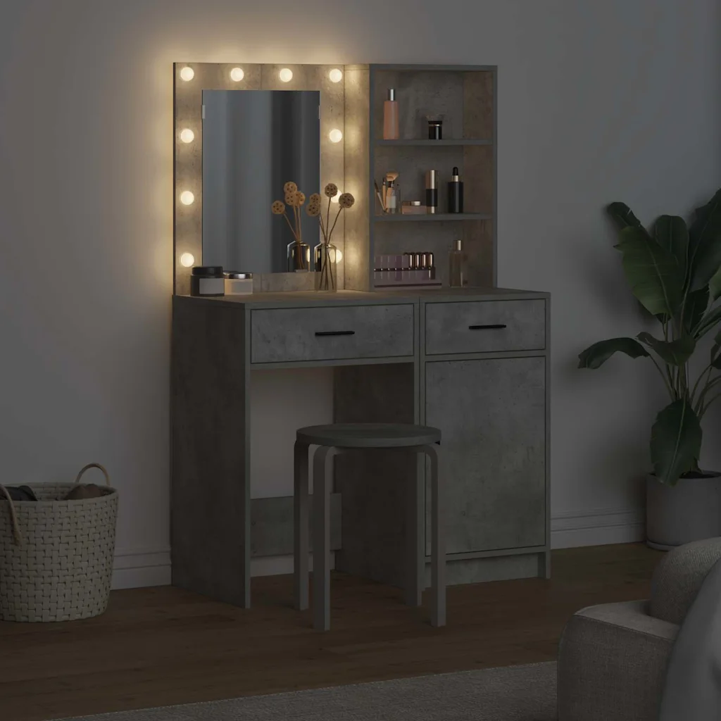 LED-peegliga kosmeetikalaud ja riidepeegel, 2-osaline komplekt, betoonhall tehispuit