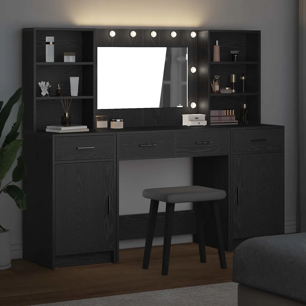 Kosmeetikalaudade komplekt LED-peegliga, 3 osa, must tamm, tehispuit