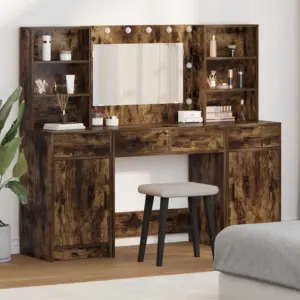 LED-peegliga kosmeetikalaudade komplekt, 3-osaline, suitsetatud tamme viimistlus, tehispuit, 158,5 x 41 x 135 cm