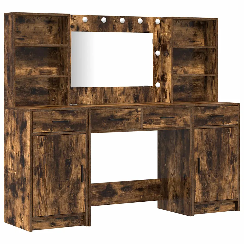 LED-peegliga kosmeetikalaudade komplekt, 3-osaline, suitsetatud tamme viimistlus, tehispuit, 158,5 x 41 x 135 cm