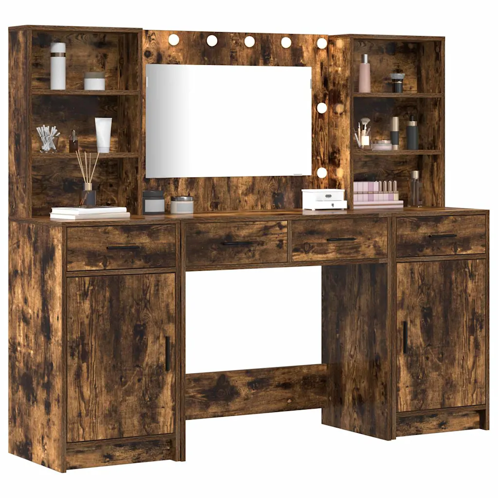 LED-peegliga kosmeetikalaudade komplekt, 3-osaline, suitsetatud tamme viimistlus, tehispuit, 158,5 x 41 x 135 cm