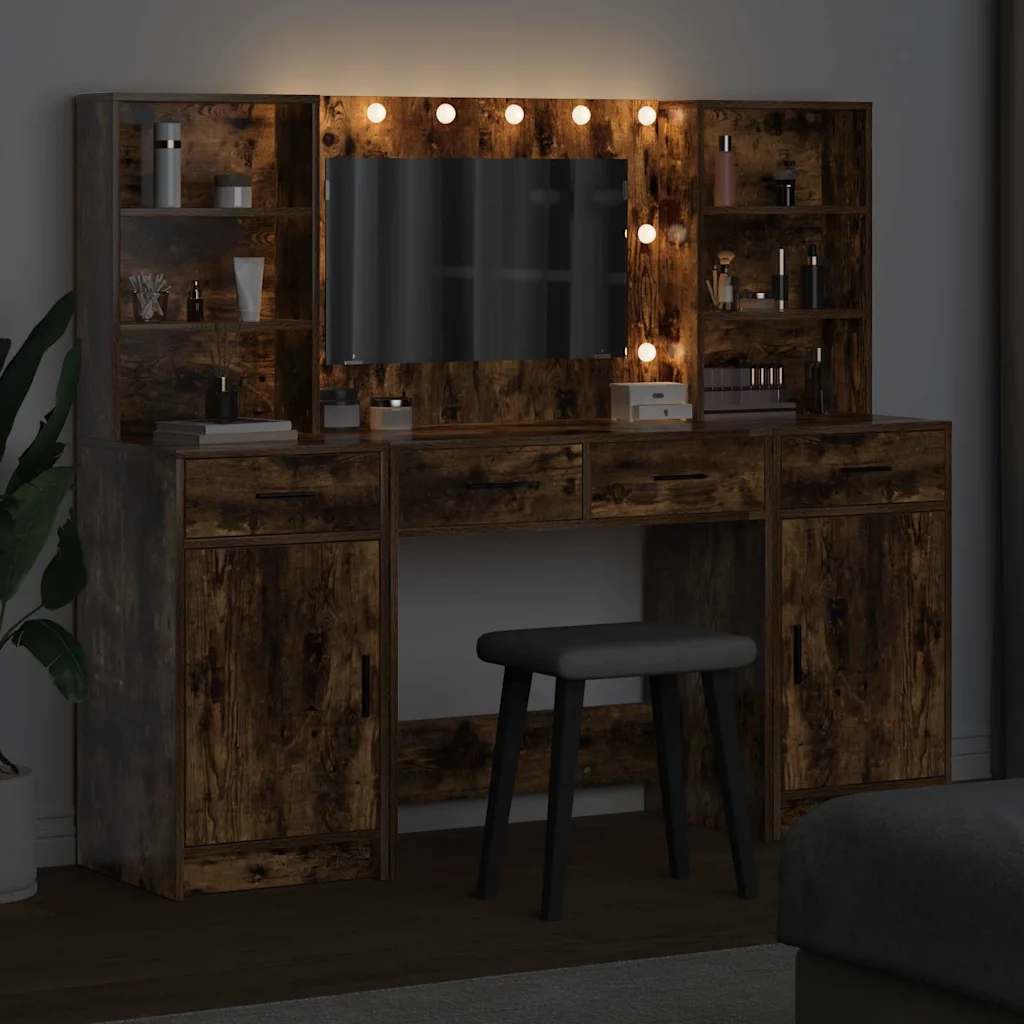 LED-peegliga kosmeetikalaudade komplekt, 3-osaline, suitsetatud tamme viimistlus, tehispuit, 158,5 x 41 x 135 cm