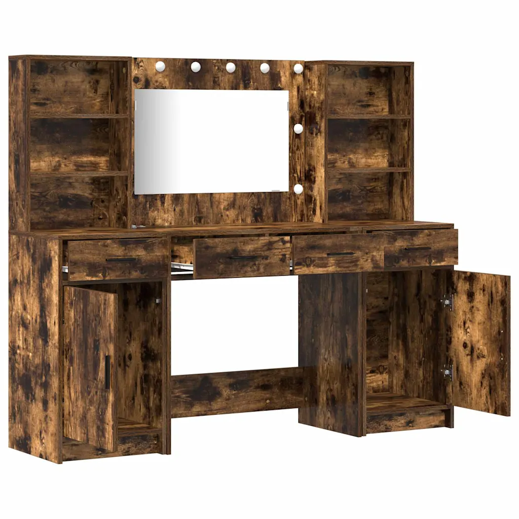 LED-peegliga kosmeetikalaudade komplekt, 3-osaline, suitsetatud tamme viimistlus, tehispuit, 158,5 x 41 x 135 cm