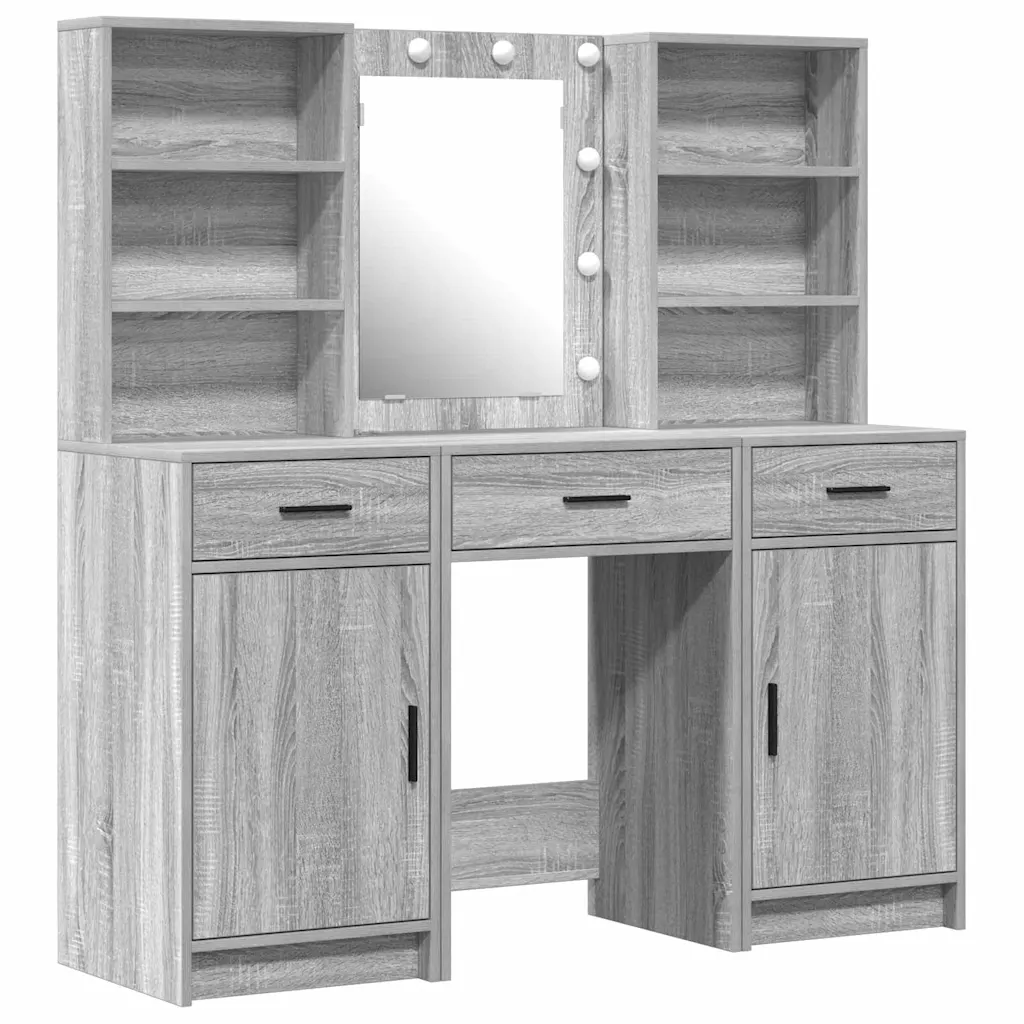 LED-peegliga riietuslauakomplekt, 3-osaline, hall sonoma tehispuit, 50 x 41 x 135 cm