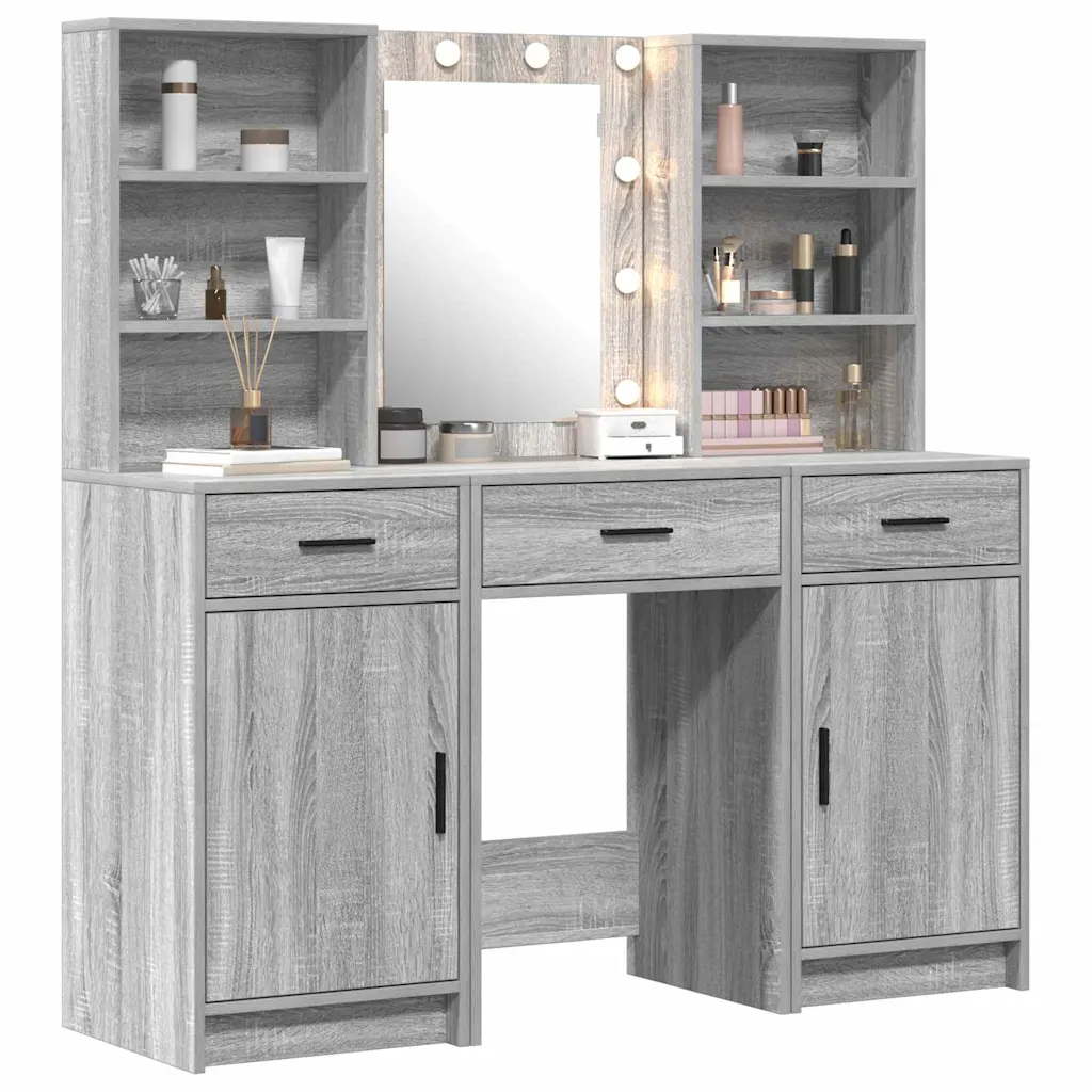 LED-peegliga riietuslauakomplekt, 3-osaline, hall sonoma tehispuit, 50 x 41 x 135 cm
