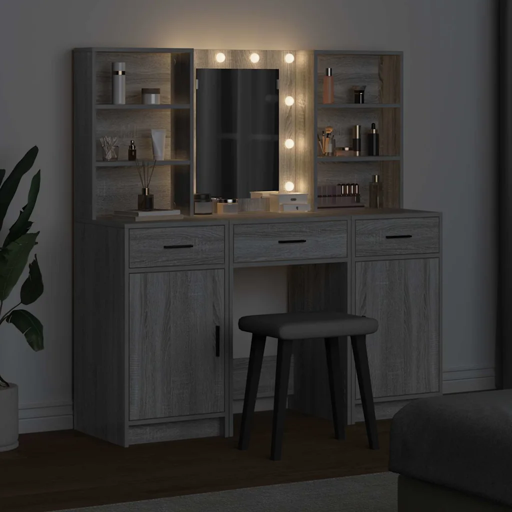 LED-peegliga riietuslauakomplekt, 3-osaline, hall sonoma tehispuit, 50 x 41 x 135 cm