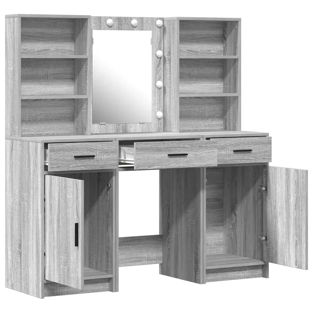 LED-peegliga riietuslauakomplekt, 3-osaline, hall sonoma tehispuit, 50 x 41 x 135 cm