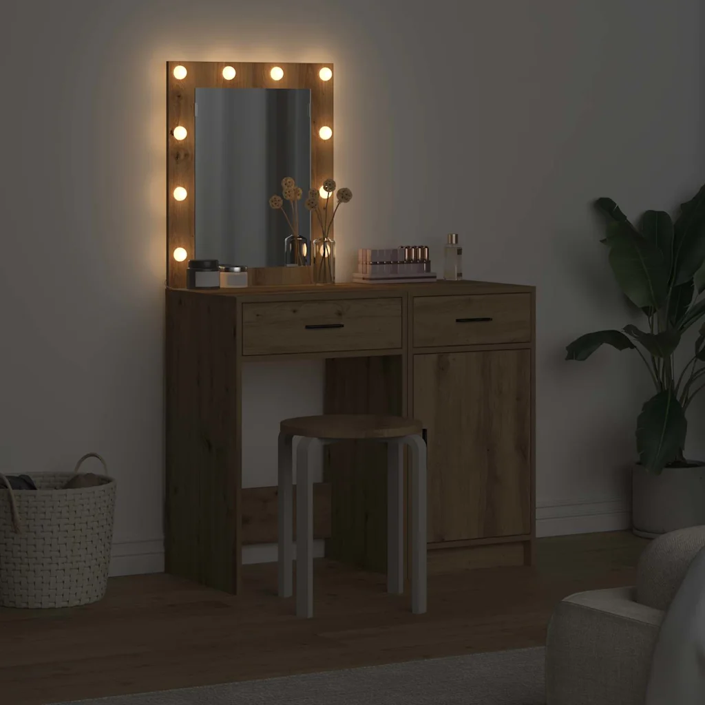 LED-valgustusega tualettlaud peegliga, pruun tehispuit, 2 tk, 50 x 41 x 135 cm