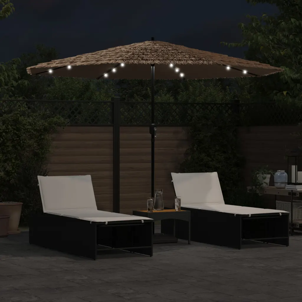 LED-tuledega aia päikesevari õlgedest pealise ja teraspostiga, pruun, 324 x 324 cm