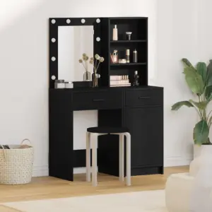 LED-valgustusega riietuslaua komplekt, 2-osaline, must tamm, tehispuit