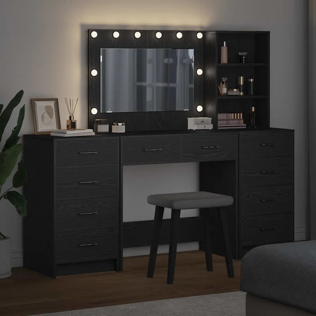 Meigilaud peeglituledega ja kappidega, 3-osaline komplekt, must tamm, tehispuit