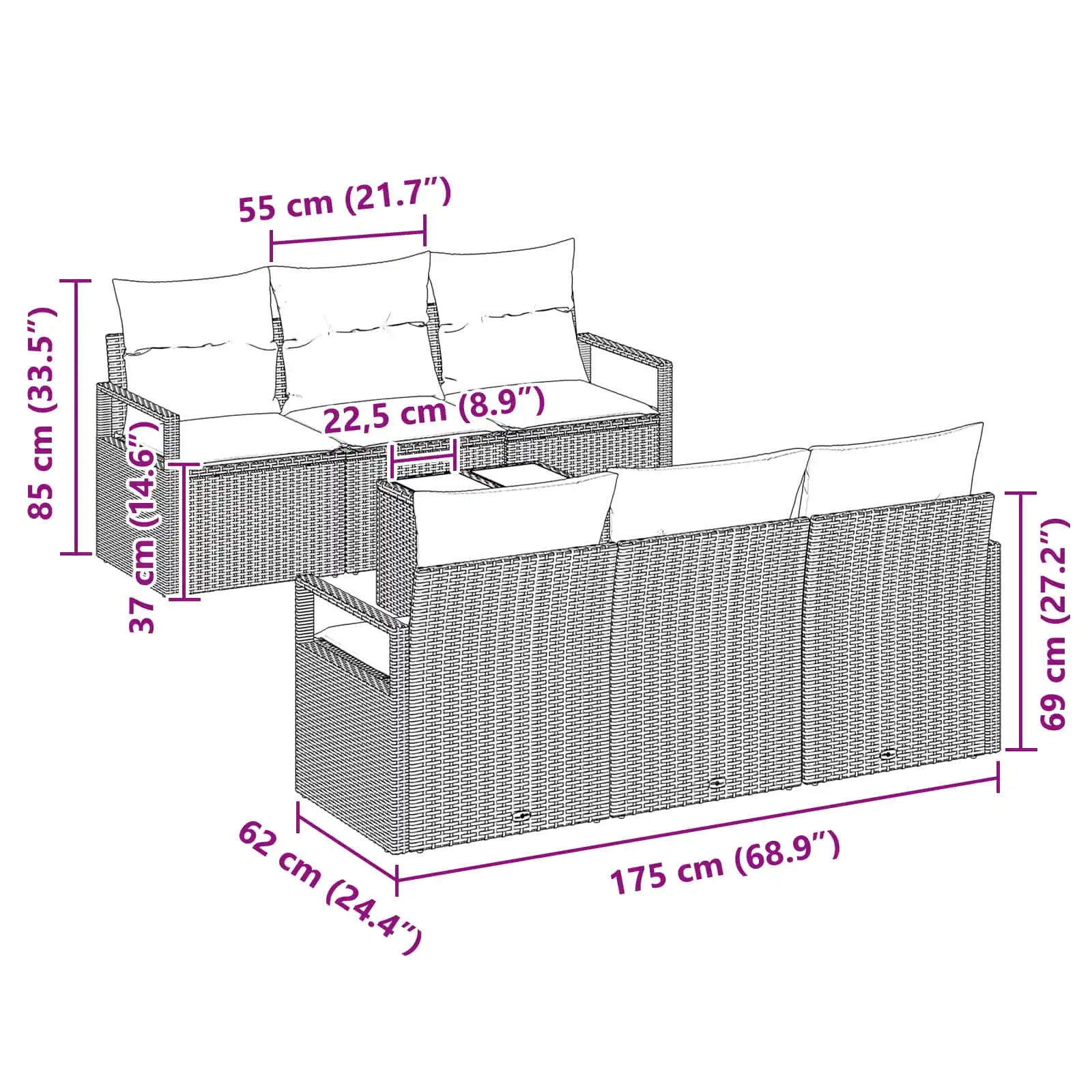 Modulaarne 7-osaline aiamööbli komplekt pruunist polürotangist, punaste patjadega