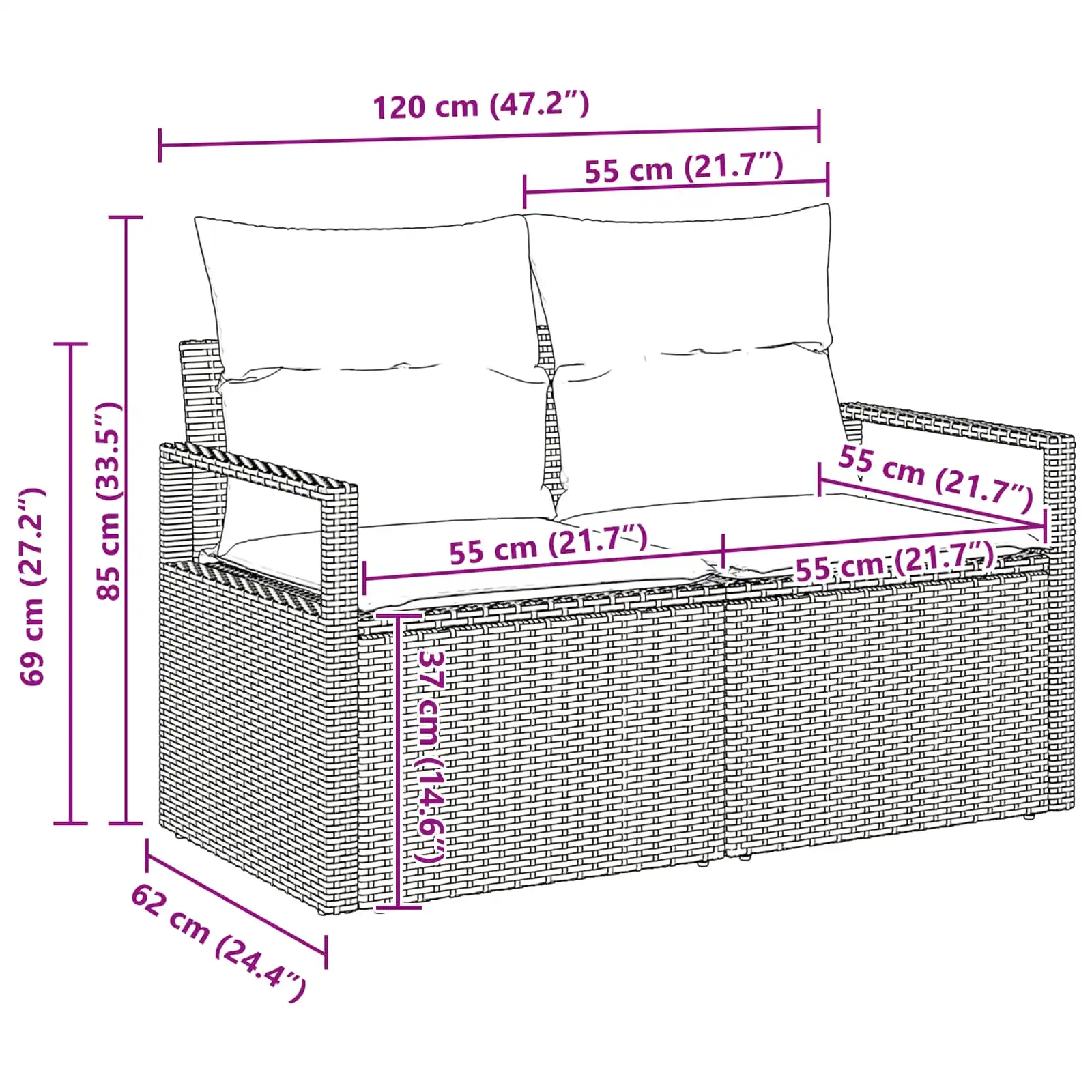 Modulaarne 7-osaline aiamööbli komplekt pruunist polürotangist, punaste patjadega