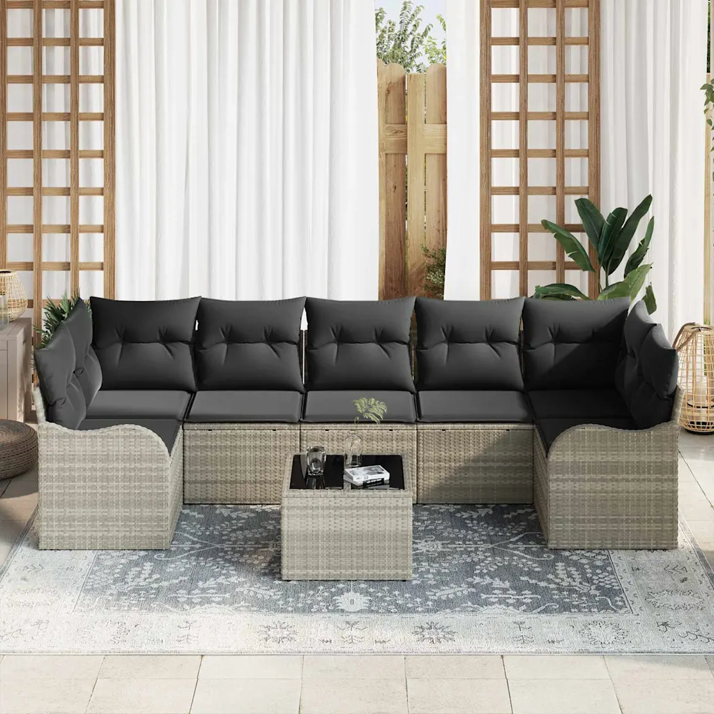 Modulaarne aiadiivanikomplekt padjaga, helehall polürotang, nurgadiivan ja laud, 289 x 122,5 x 85 cm