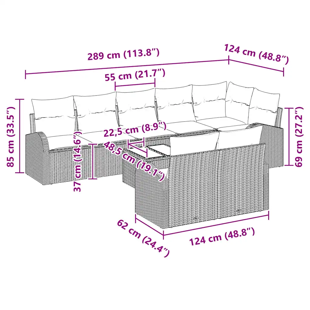 Modulaarne aiamööbli diivanikomplekt, polürotang, must ja kreem, 289 x 124 x 85 cm