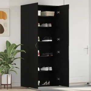 Kõrge jalatsikapp riiulitega, 2 uksega, must tehispuit, 80 x 35,5 x 180 cm