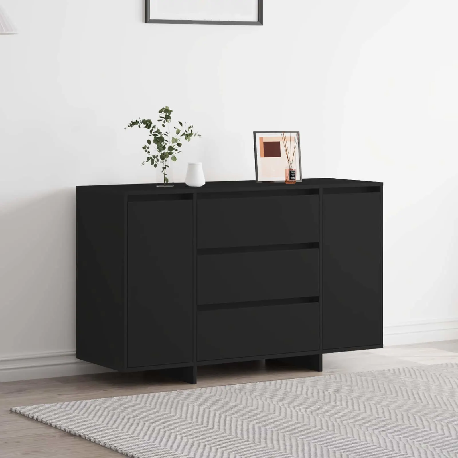 Must tehispuidust kummut 3 sahtli ja 2 uksega, 120 x 41 x 75 cm