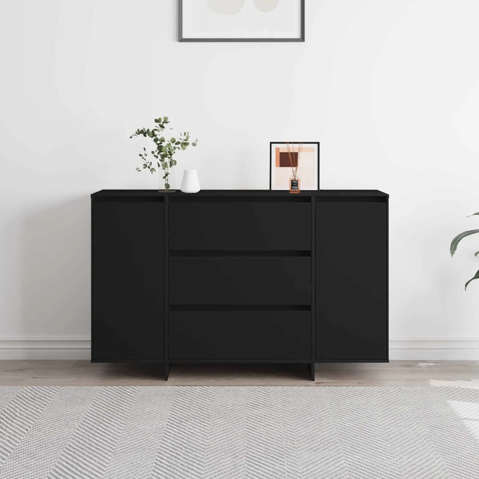 Must tehispuidust kummut 3 sahtli ja 2 uksega, 120 x 41 x 75 cm