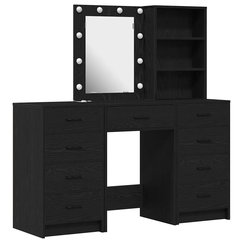 Must meigilaud LED-peegliga, 9 sahtlit ja riiulid, tehispuit, 50 x 41 x 135 cm