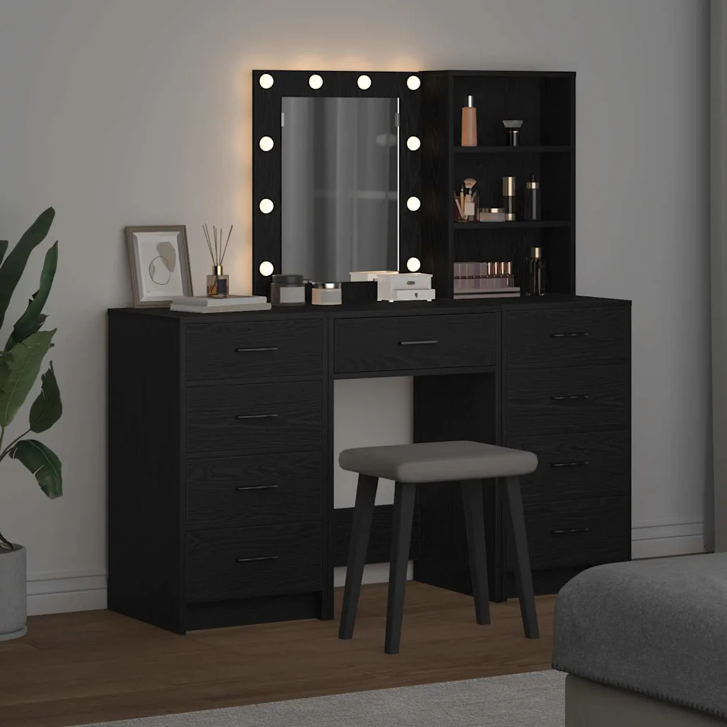 Must meigilaud LED-peegliga, 9 sahtlit ja riiulid, tehispuit, 50 x 41 x 135 cm