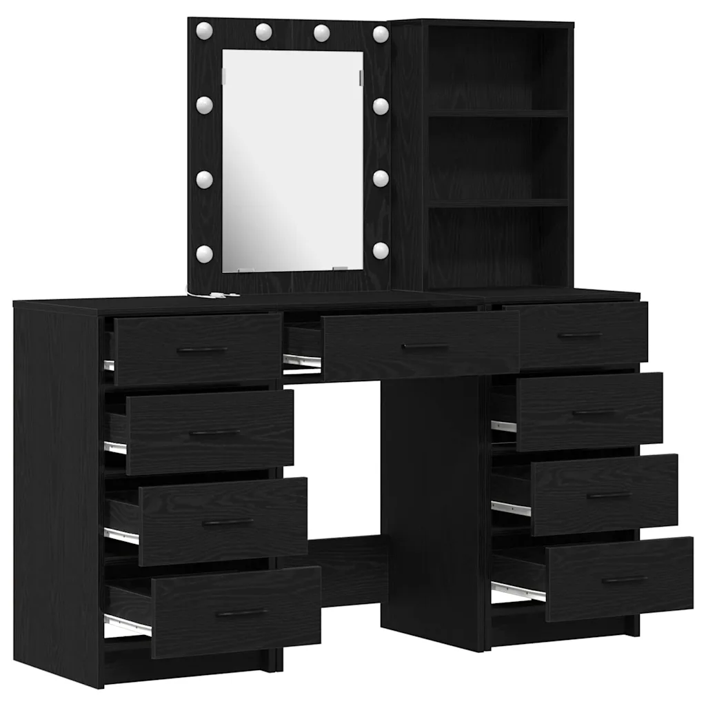 Must meigilaud LED-peegliga, 9 sahtlit ja riiulid, tehispuit, 50 x 41 x 135 cm