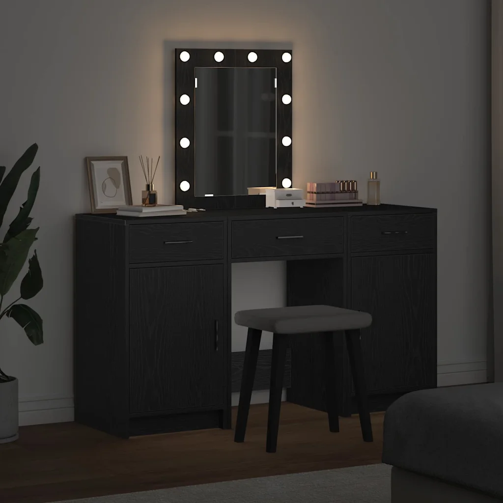 Must meigilaud LED-peeglituledega, 3 sahtli ja kapiga, tehispuit, 50 x 41 x 135 cm