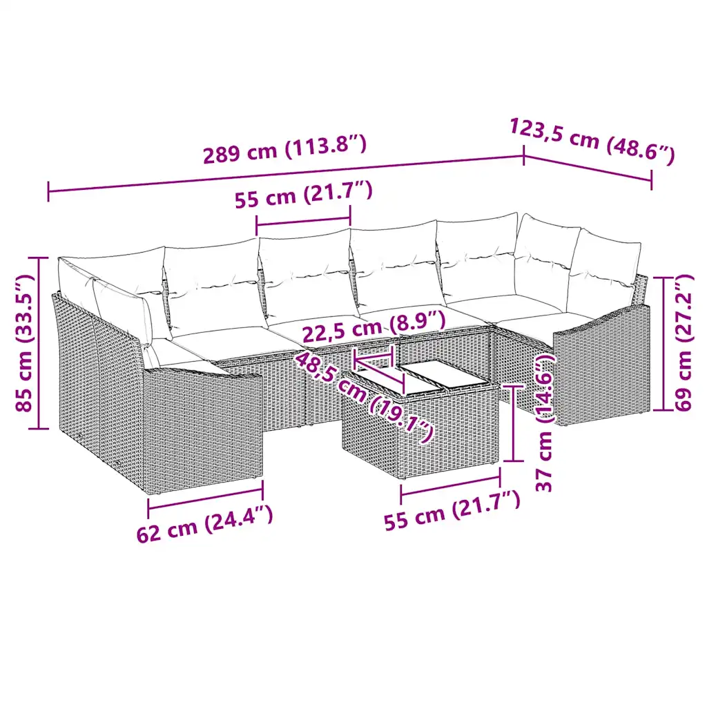 8-osaline modulaarne polürotangist aiamööbli diivanikomplekt patjadega, must