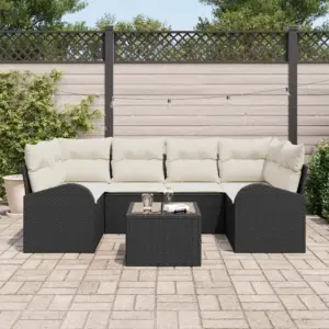 Must modulaarne aiadiivanikomplekt polürotangist padjaga, nurgadiivan ja laud, üldmõõtmed 234 x 124 x 85 cm