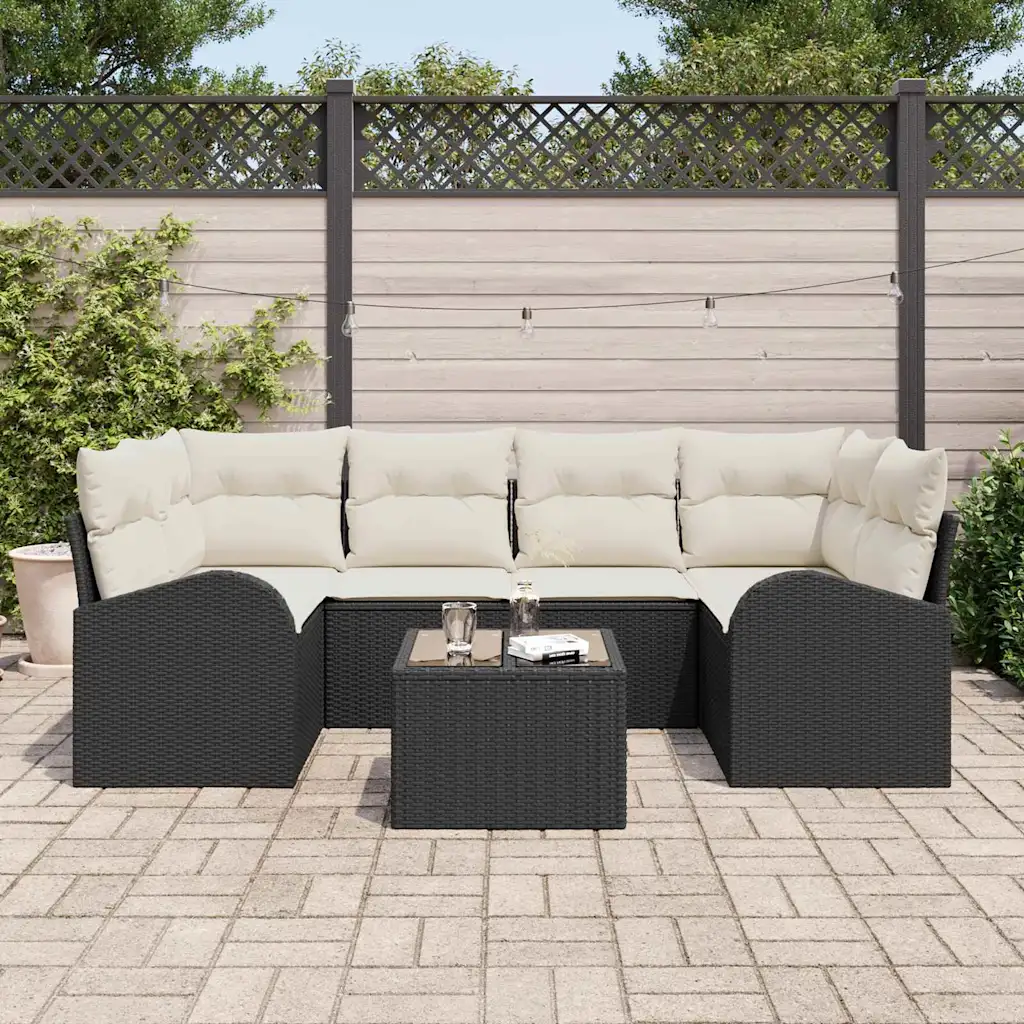 Must modulaarne aiadiivanikomplekt polürotangist padjaga, nurgadiivan ja laud, üldmõõtmed 234 x 124 x 85 cm