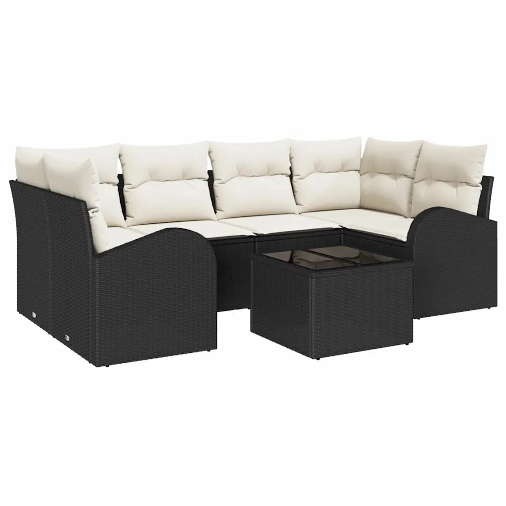 Must modulaarne aiadiivanikomplekt polürotangist padjaga, nurgadiivan ja laud, üldmõõtmed 234 x 124 x 85 cm