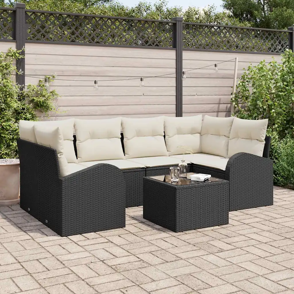 Must modulaarne aiadiivanikomplekt polürotangist padjaga, nurgadiivan ja laud, üldmõõtmed 234 x 124 x 85 cm