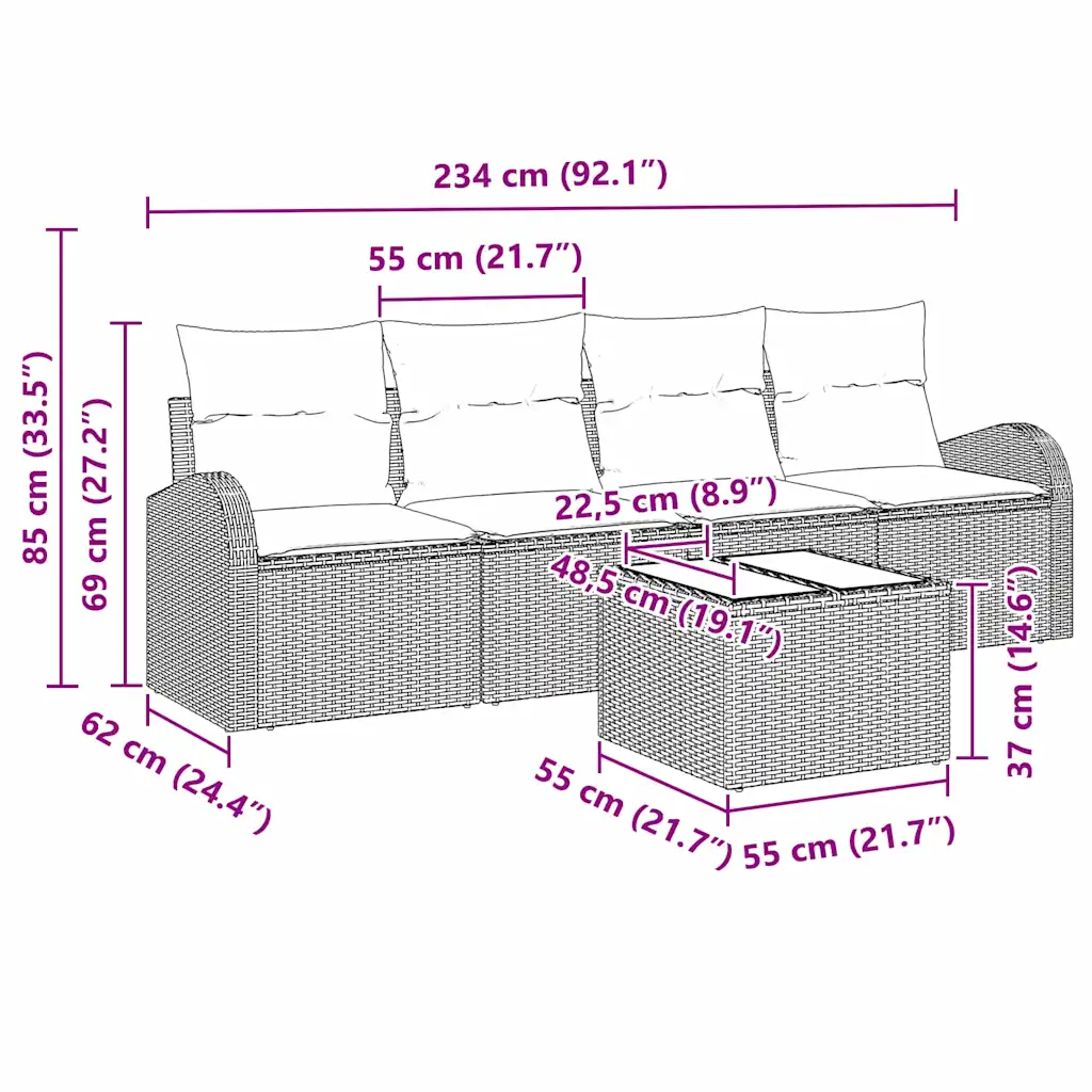 5-osaline must polürotangist aiamööbli komplekt patjade ja lauaga, modulaarne
