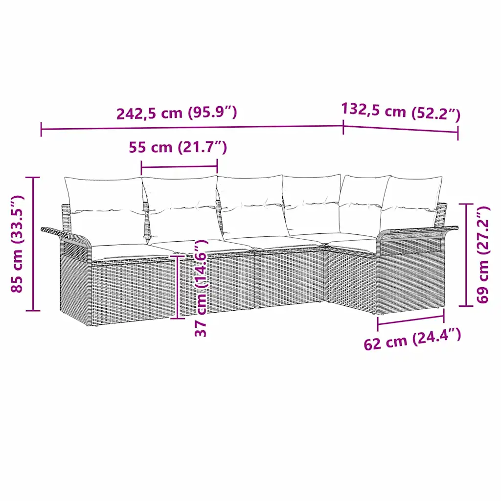 5-osaline modulaarne aianurgadiivani komplekt padjade ja lauaga, must polürotang
